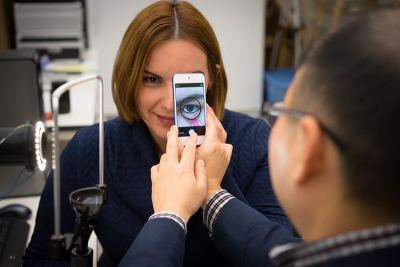 Researchers have developed a way to use smartphone images of a person’s eyelids to measure blood haemoglobin levels. To take the measurement, the patient pulls down the inner eyelid to expose the small blood vessels underneath. A healthcare professional or trained person then uses the smartphone app developed by the researchers to take pictures which are then automatically analysed to determine the haemoglobin level. Credit: Young Kim, Purdue University