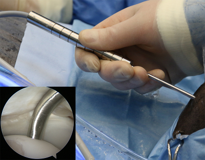 The novel arthroscopic probe in an equine knee joint in vivo with the probe tip in contact with cartilage surface (inset).