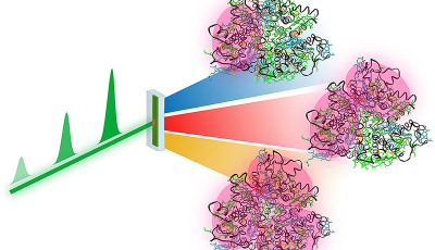 In the new method, laser pulses of different power (green) are combined in such a way that single excitation (blue), double excitation (red) and triple excitation (yellow) can be distinguished, for example, in biological light-harvesting complexes. Image: Julian Lüttig / Universität Würzburg Diagram illustrating the separation