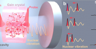 a Two ultrashort solitons (red) circulate inside an active laser cavity: the leading soliton excites a coherent nuclear vibration (orange) in the gain crystal, the trailing pulse samples the refractive index modulation. b During the soliton approach, the trailing soliton encodes the temporal waveform of the nuclear vibration in its phase (left). We detect the relative phases at each roundtrip n, △ϕn, via spectral fringes of single-shot interferograms (right). Credit: Nature Communications, 10.1038/s41467-022-29649-y, reproduced under a CC BY licence.